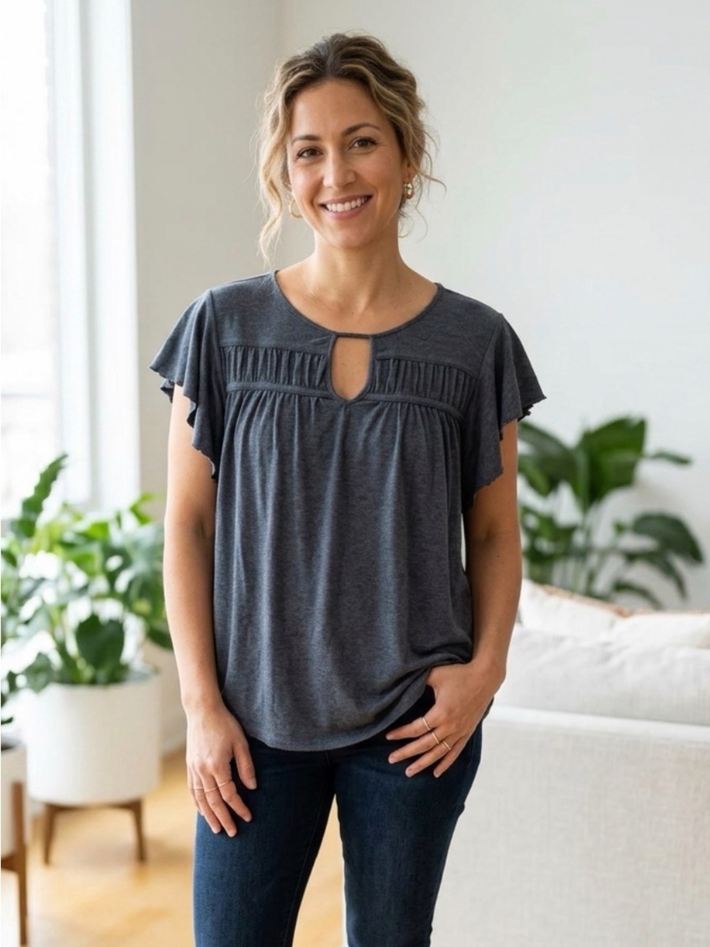 Bobeau B Collection Knit Shirt Heather Blue XS Womens Flowy Flutter Sleeve Top